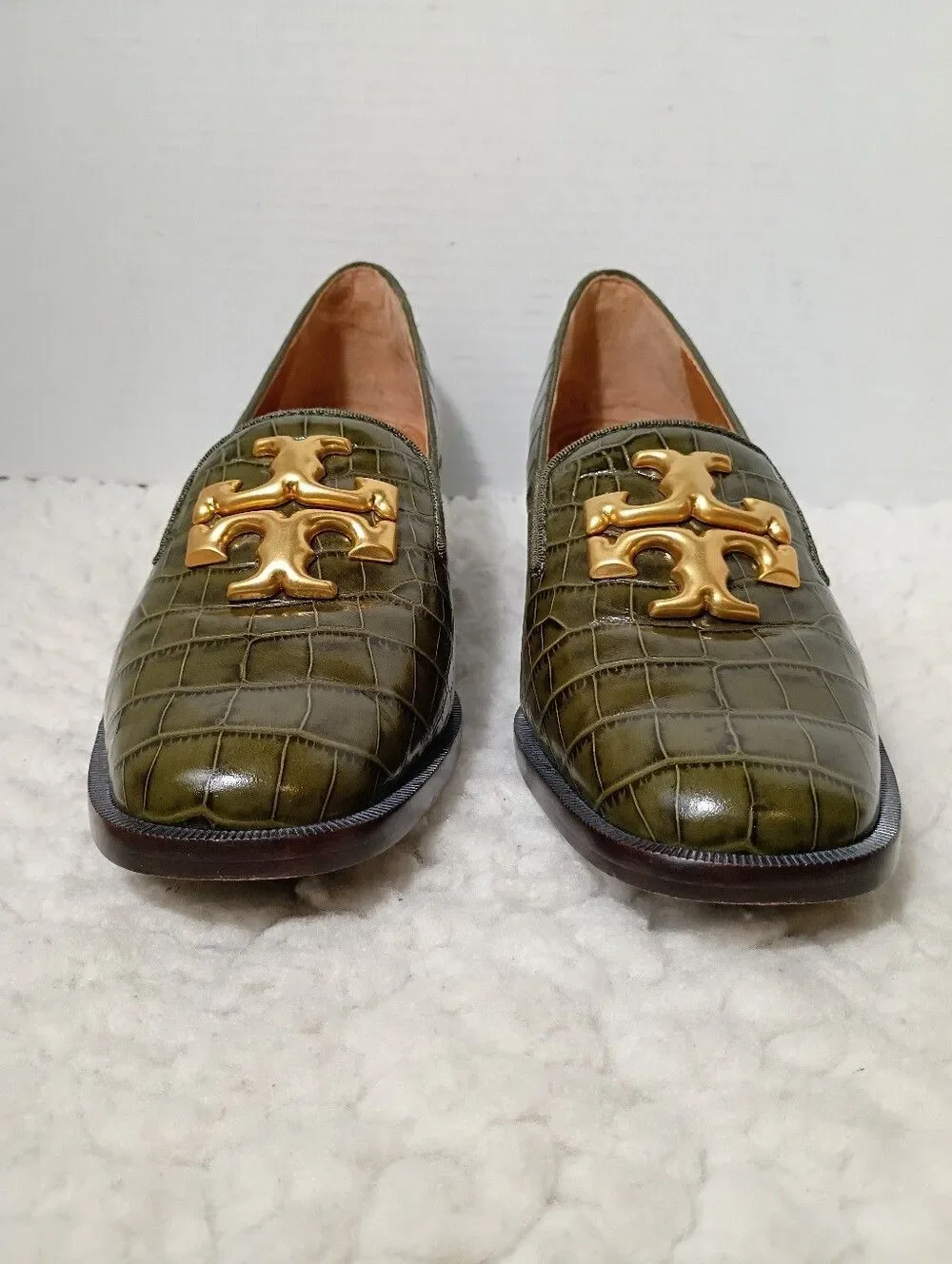 Tory Burch Eleanor Heeled Loafer 8.5 Green Croco Emboss Leccio Gold Logo Bazil